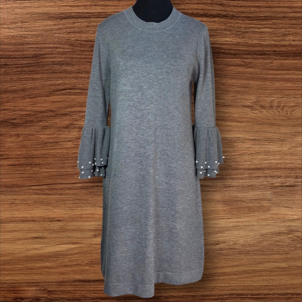 Eliza J Gray Long Sleeve Dress Shift with Pearl Sleeve Details Size Med